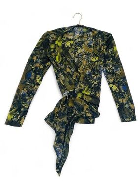 Vintage Y2K Fairy Boho Floral Mesh Wrap Top Asymmetrical Drape Blouse M/L